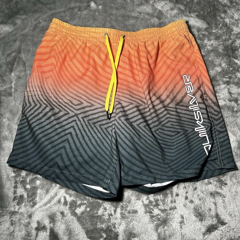 Quiksilver Shorts Men Size Large Orange Grey Boardshorts Drawstring Swim